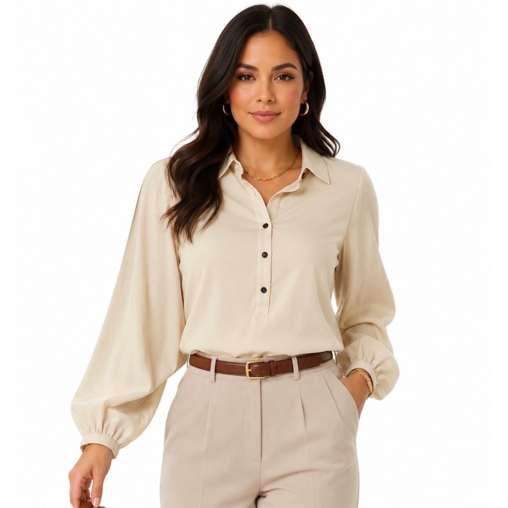 Ann Taylor LOFT Beige Dolman Sleeve Henley Blouse S Neutral Career Chic‎ 55-44